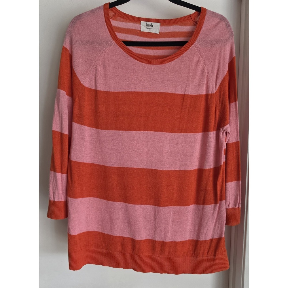 Hush Womens Striped‎ Pullover Sweater Size L 3/4 Sleeve Pink Orange Linen Cotton